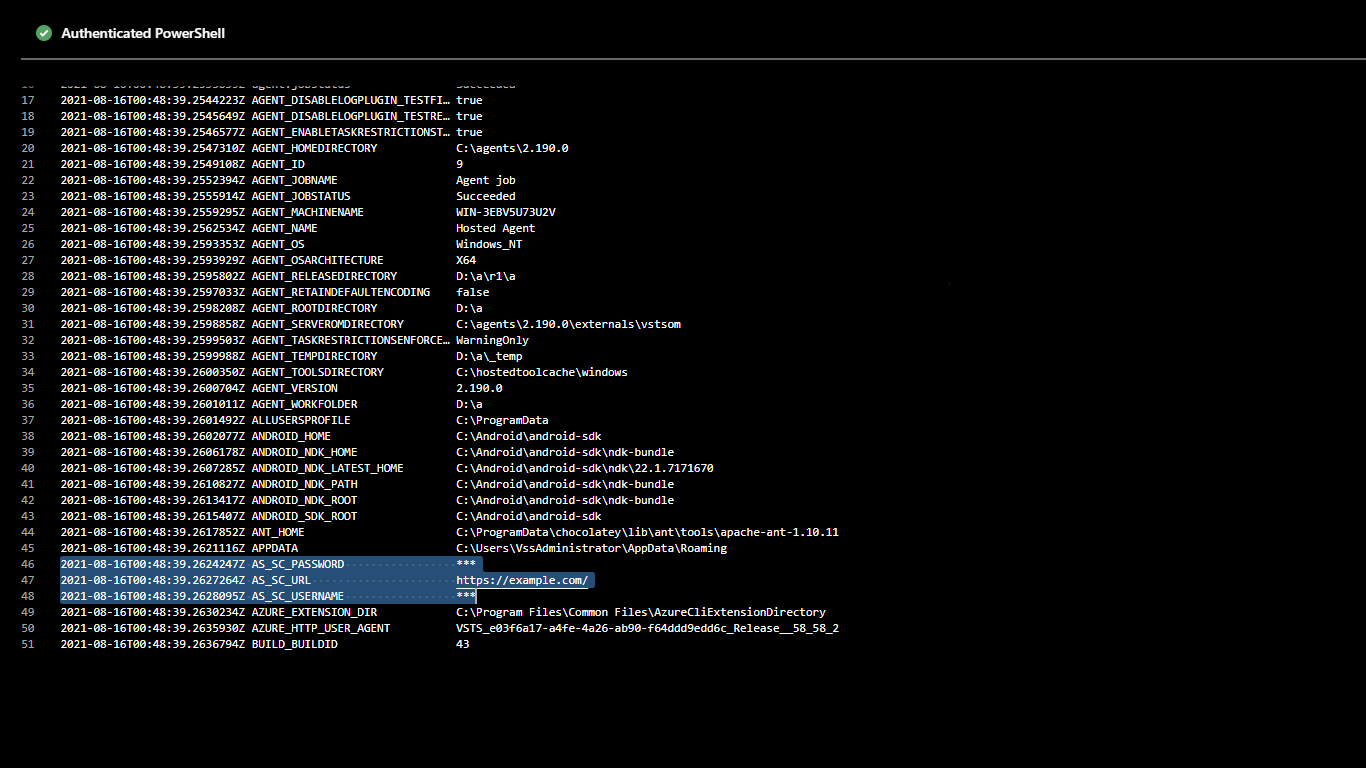 A screenshot showing the service connection exposed as environment variables